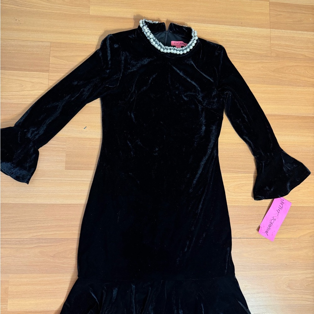 Betsey Johnson Black Velvet Dress with Pearl Trim